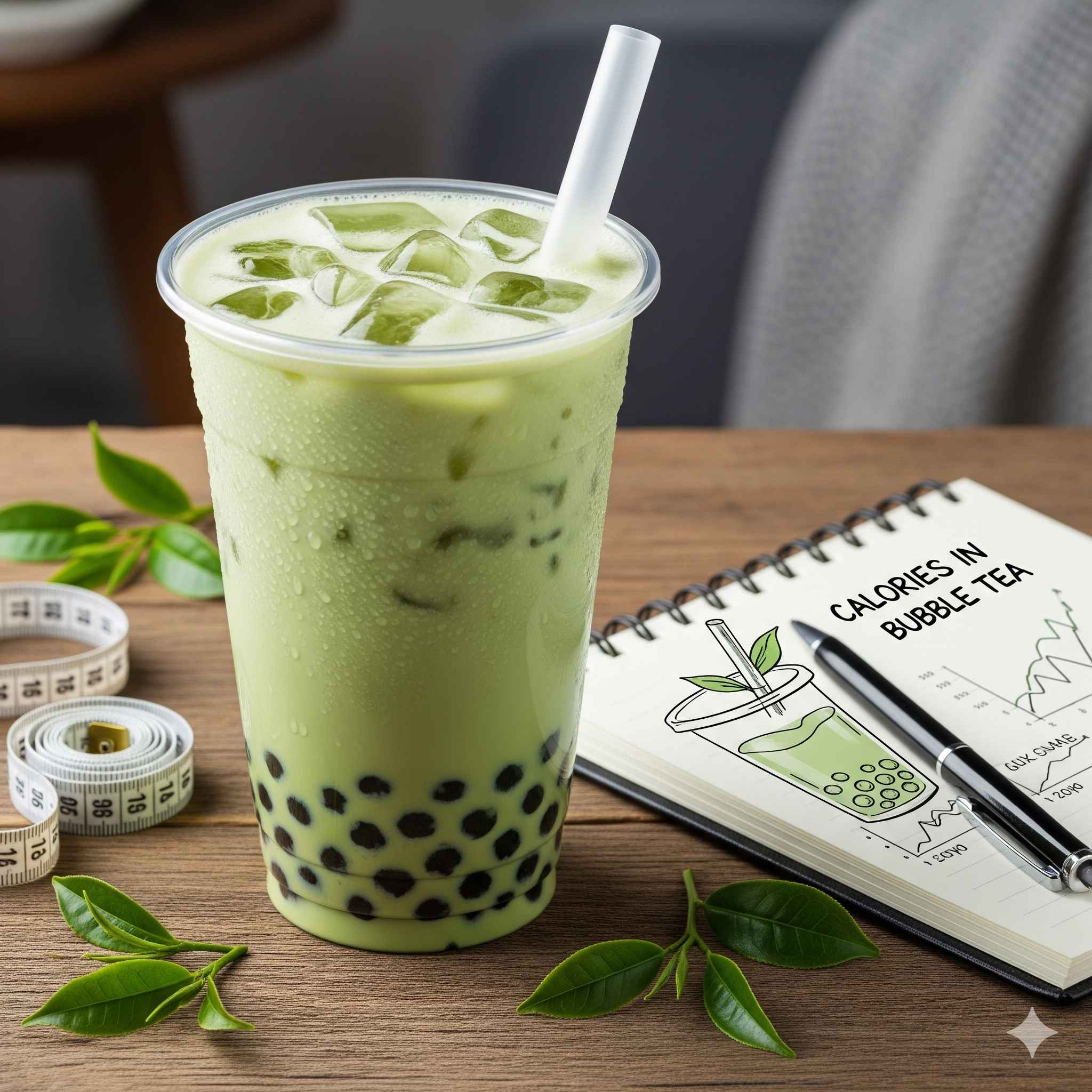 A collage image showing a close-up of a green tea bubble tea, a digital scale displaying a high calorie count, and a green tea plantation in the background, with the title of a blog post "Are Calories in Green Tea Bubble Tea Sabotaging Your Diet? Fin